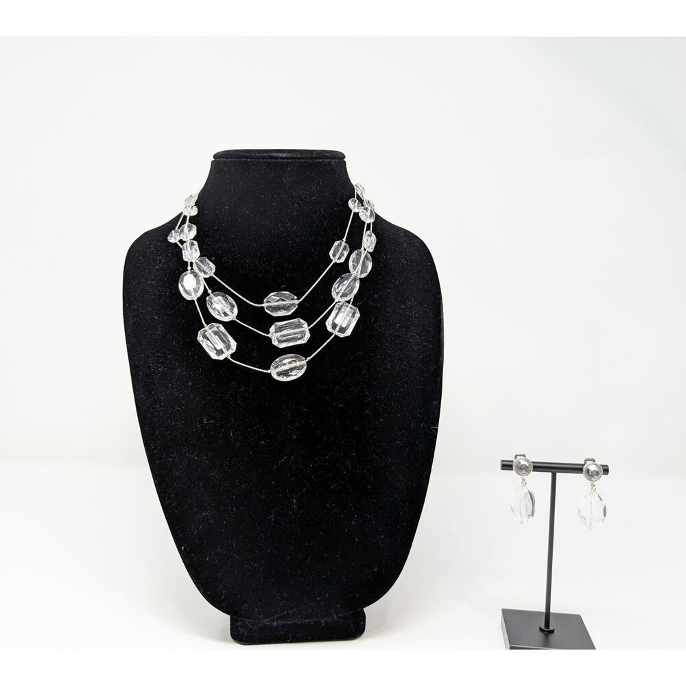 Robert Rose Necklace Earrings Set Clear Silver Tone Acrylic Multi Strand Clip On